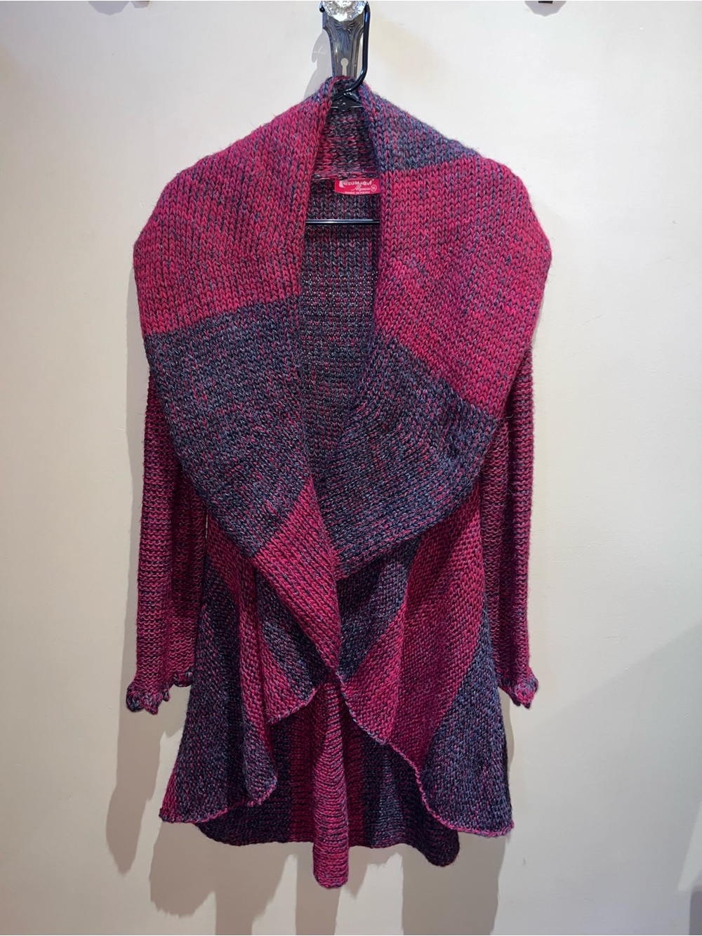 Perumaqui Alpaca Knit Waterfall Cardigan Jacket Gray Red Stripe XL Made in Peru